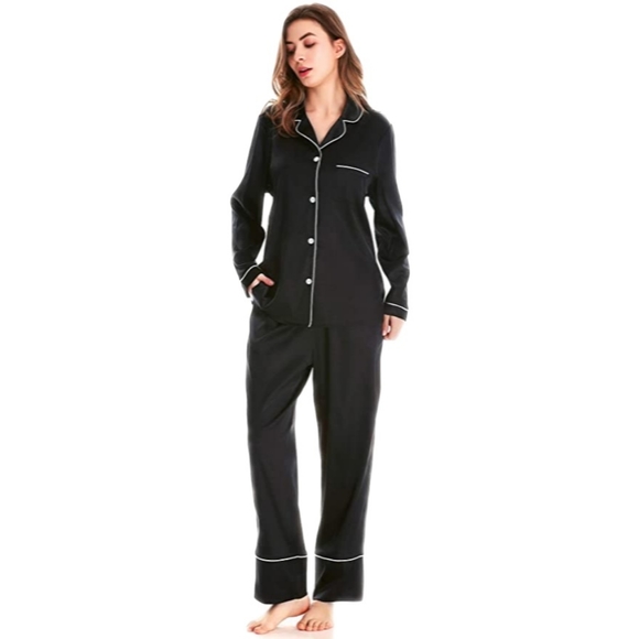 NWT HOdo Women's XL Navy & White Contrast Silky Satin Button Pajamas Set - Picture 6 of 7